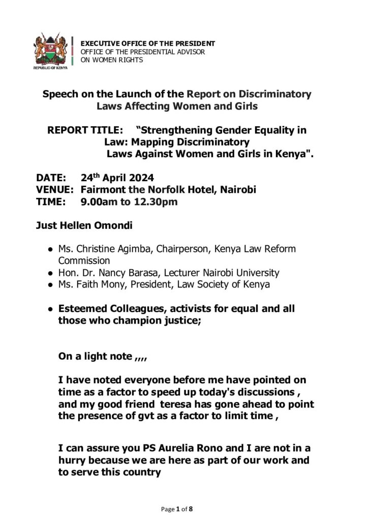 thumbnail of Kenya Law Reform Commission Launch of Mapping Discriminatory Laws Keynote Speech – Hon. Harriette Chiggai 24042024