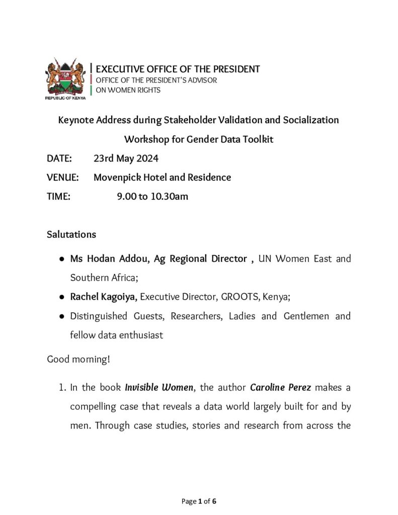 thumbnail of Stakeholders Validation Workshop for Gender Data Toolkit Keynote Address – Hon. Harriette Chiggai